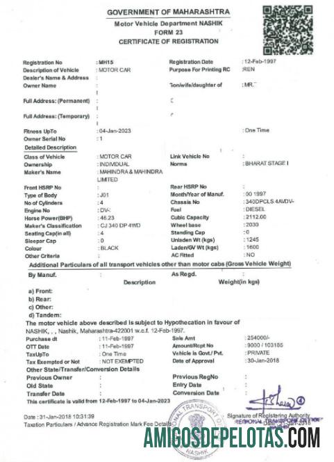 Modelo de certificado de registro de veículo da Índia versão 2